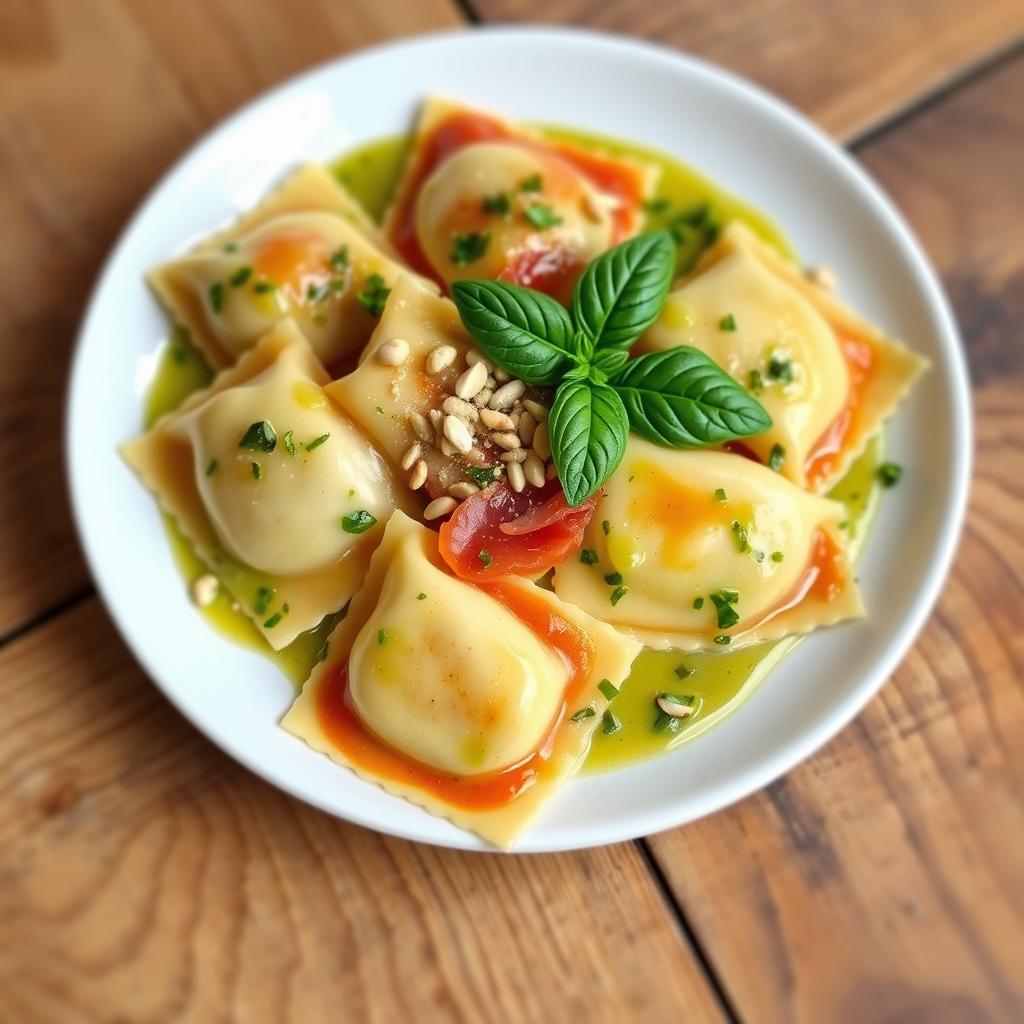 A beautifully presented plate of tricolor ravioli filled with prosciutto and fine herbs, elegantly arranged on a white plate