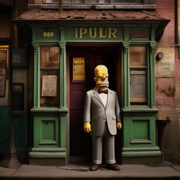 Homer Simpson dressed in a sleek suit, standing outside an ancient, worn-out pub. The contrast between Homer's professional attire and the pub's faded aura makes for a compelling image.