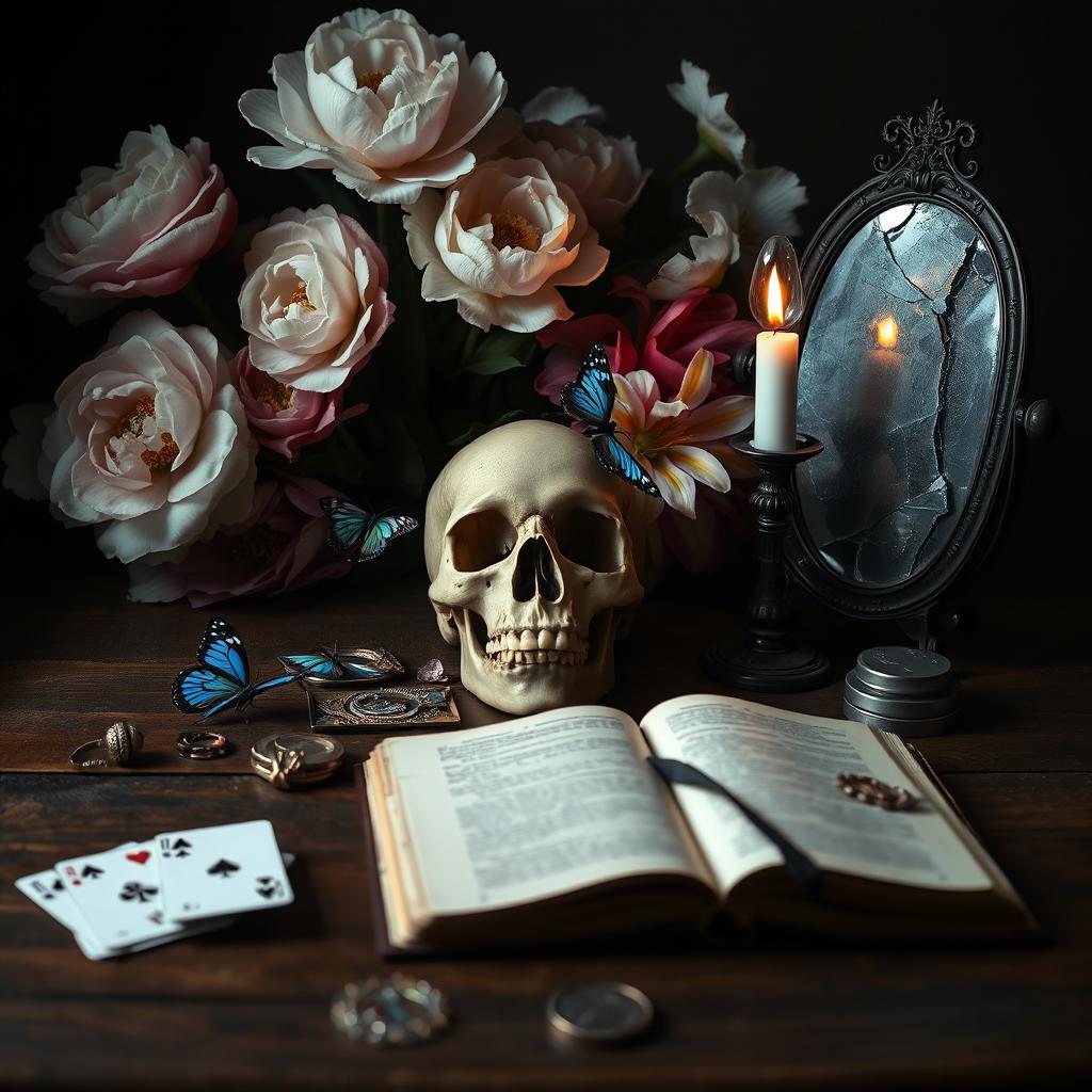 A dark room featuring a wooden table at the center