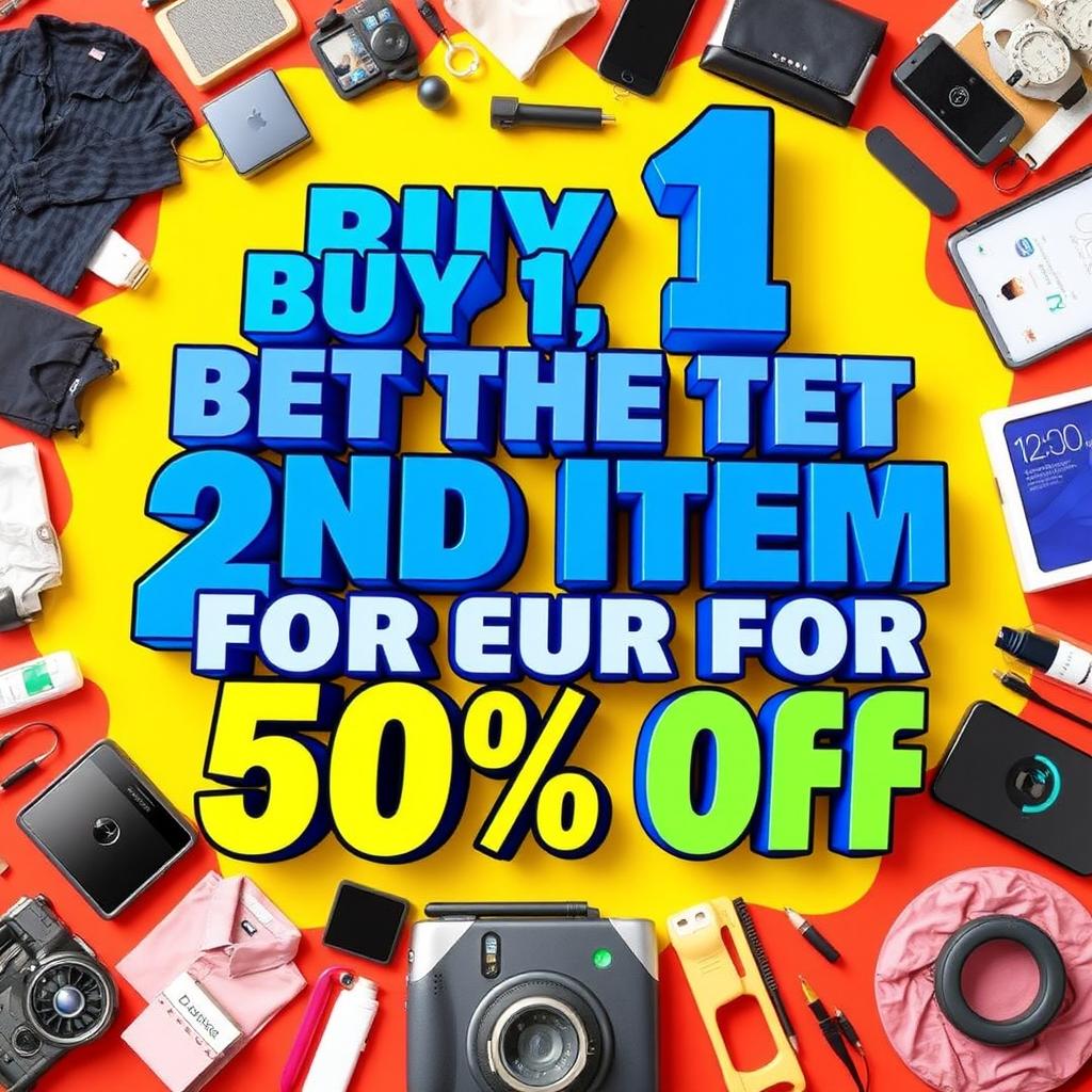 A vibrant promotional graphic advertising a 'Buy 1, Get the 2nd Item for 50% Off' deal