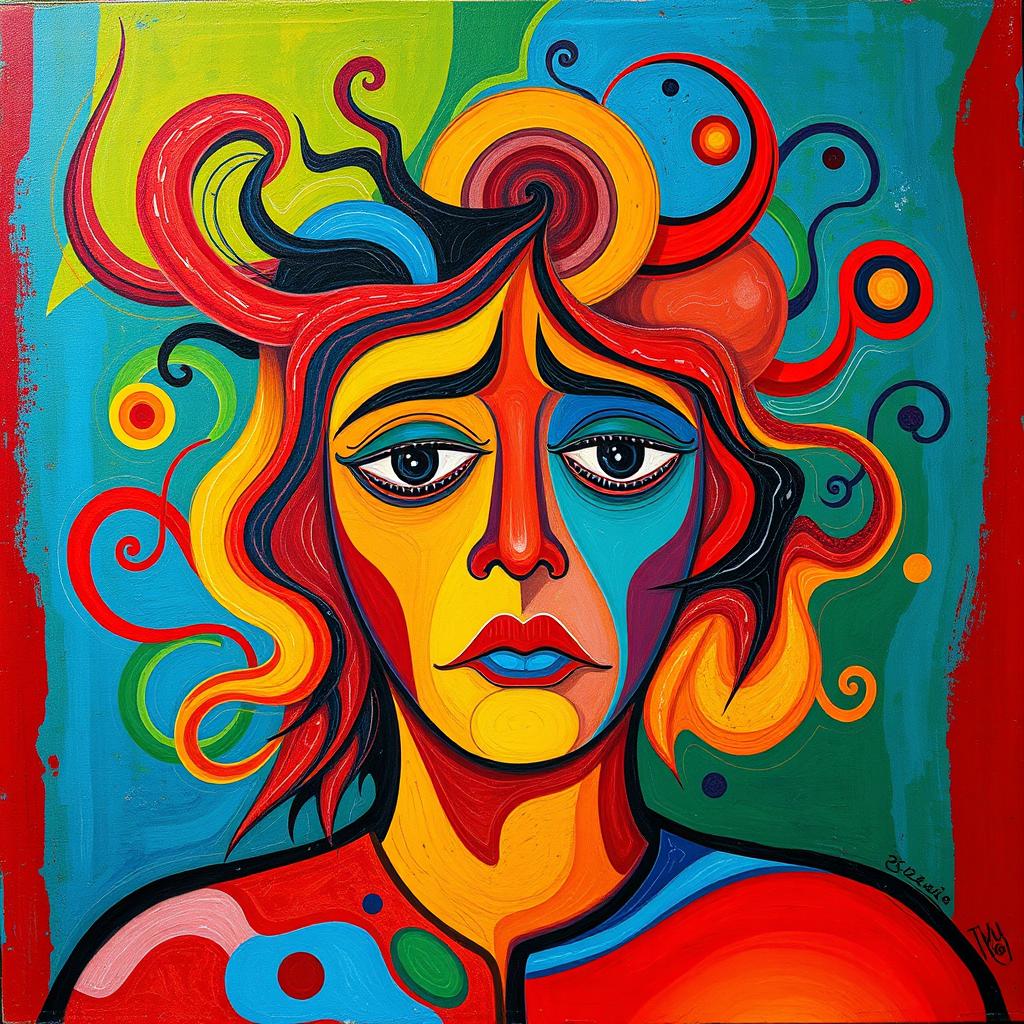 A vibrant, non-realistic painting that encapsulates the feeling of anxiety, using bright and solid colors