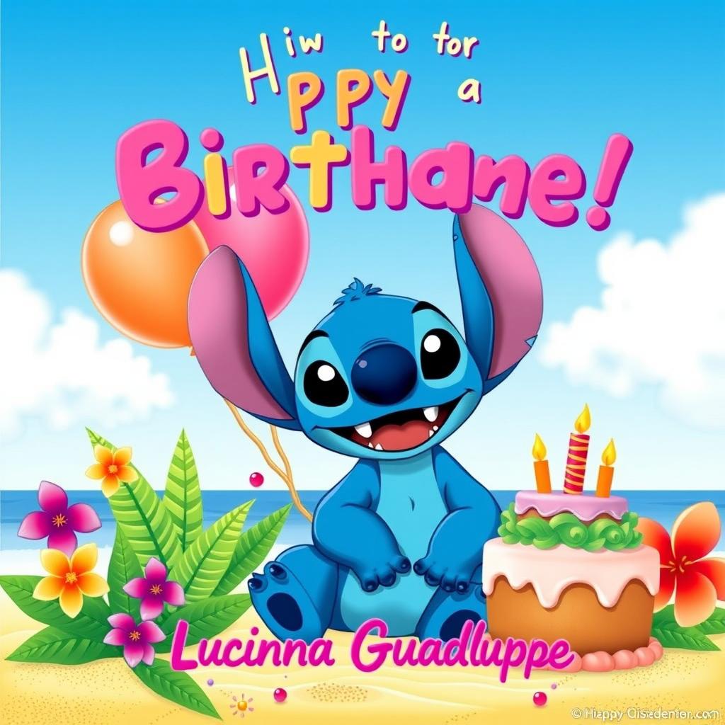 A vibrant and colorful birthday invitation card featuring a joyful tropical theme with Stitch from Lilo & Stitch