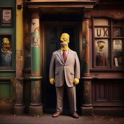 Homer Simpson dressed in a sleek suit, standing outside an ancient, worn-out pub. The contrast between Homer's professional attire and the pub's faded aura makes for a compelling image.