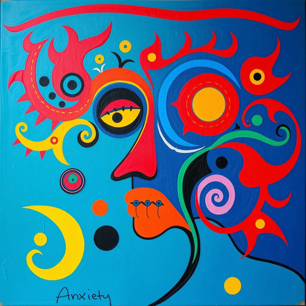 A vibrant, non-realistic painting that captures the feeling of anxiety using bright, solid colors