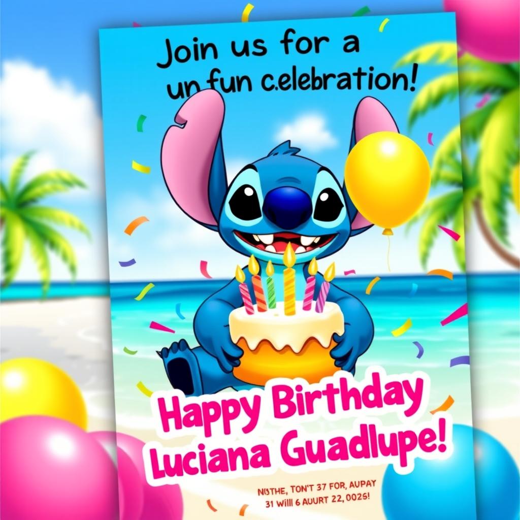 A vibrant and colorful birthday invitation design featuring Stitch from the Disney movie Lilo & Stitch