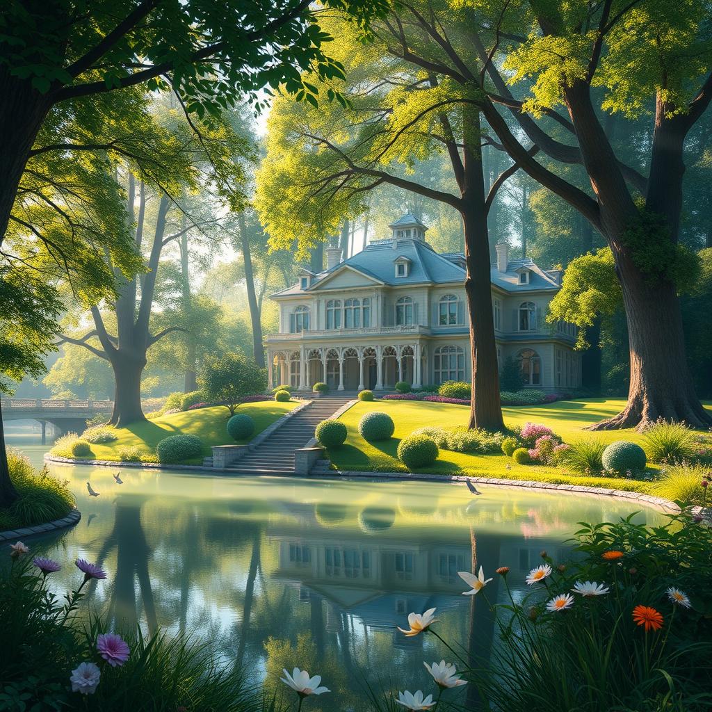 A majestic mansion nestled within a lush, serene nature landscape, surrounded by tall trees and vibrant greenery