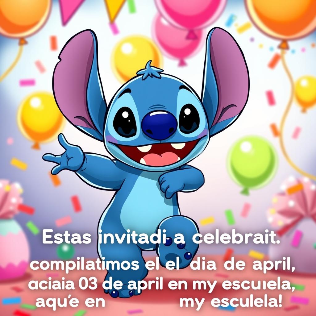 An adorable and vibrant illustration of Stitch, the beloved character from Disney's Lilo & Stitch, animated with a friendly and cheerful expression