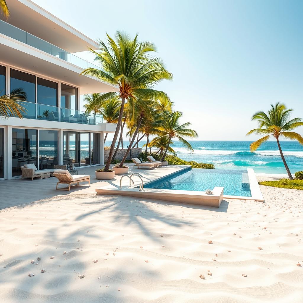 A luxurious beach mansion overlooking the ocean, featuring large glass windows and a spacious terrace decorated with elegant outdoor furniture