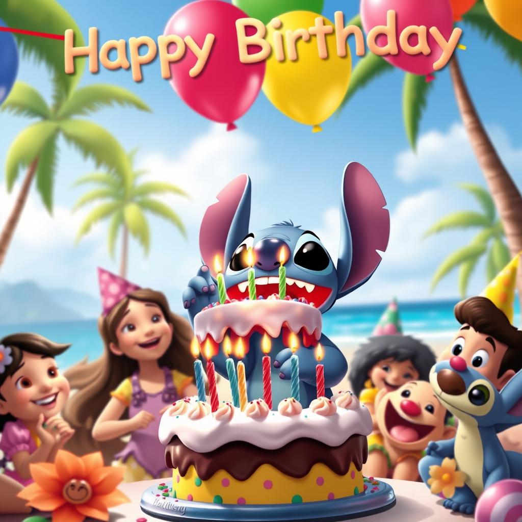 A colorful birthday party scene featuring Stitch from Lilo & Stitch