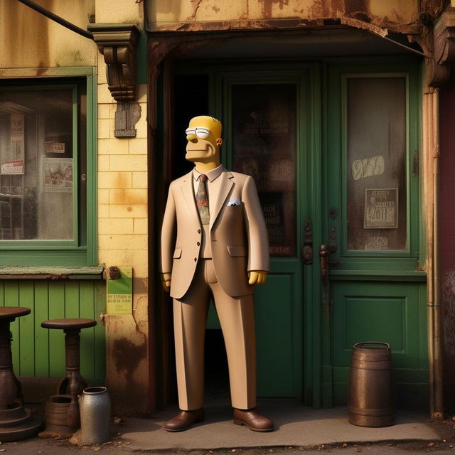 Homer Simpson dressed in a sleek suit, standing outside an ancient, worn-out pub. The contrast between Homer's professional attire and the pub's faded aura makes for a compelling image.