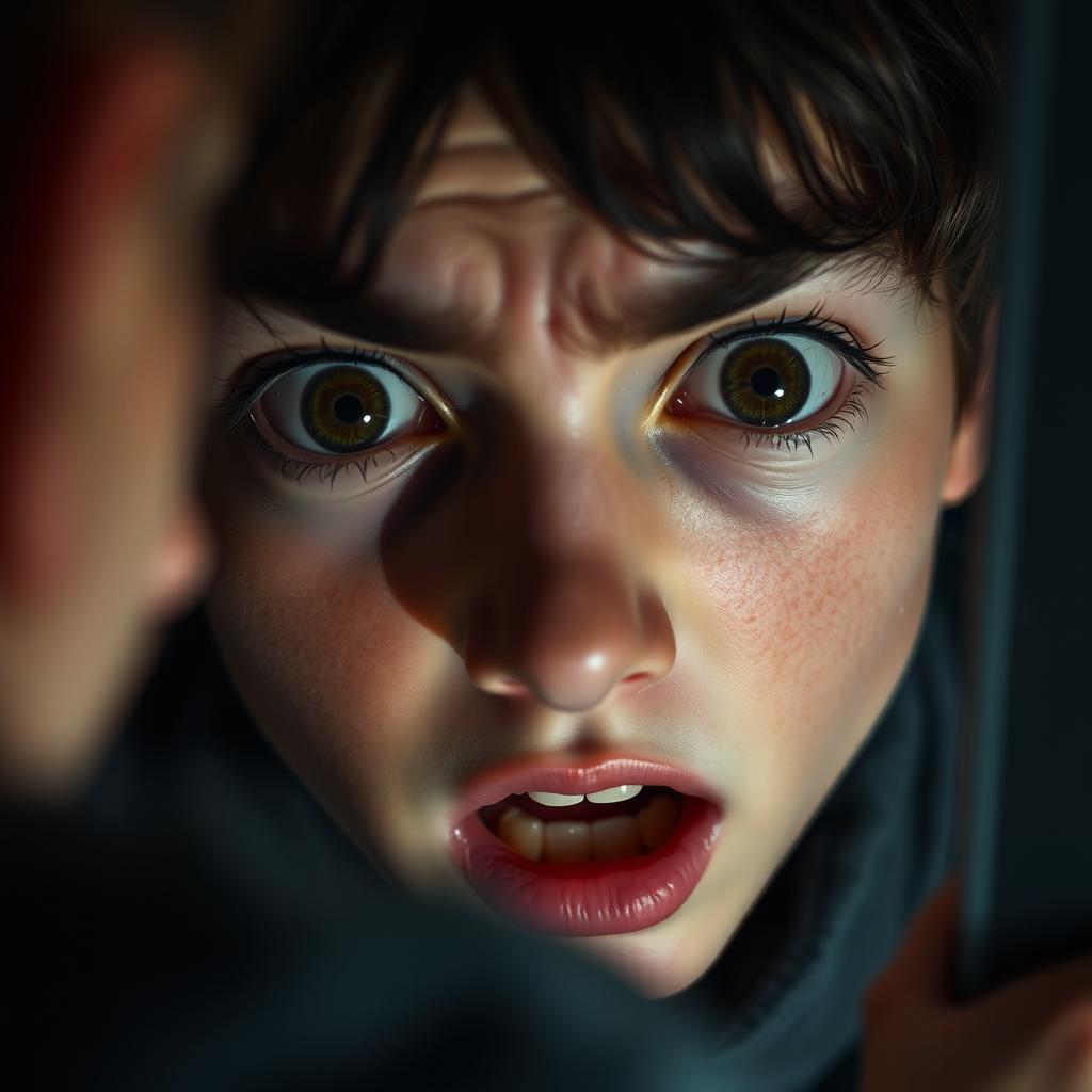 Close-up of the protagonist's face with wide open eyes, staring at a mirror with fear