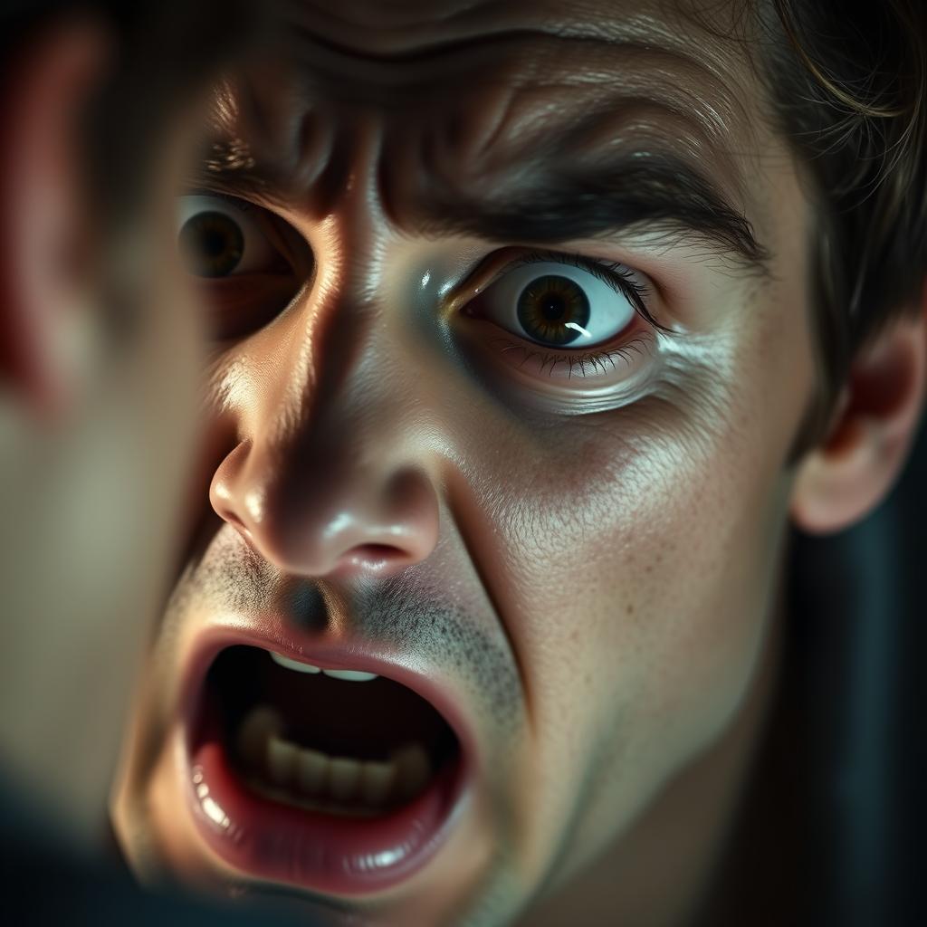 Close-up of a male protagonist's face with wide open eyes, staring at a mirror with fear