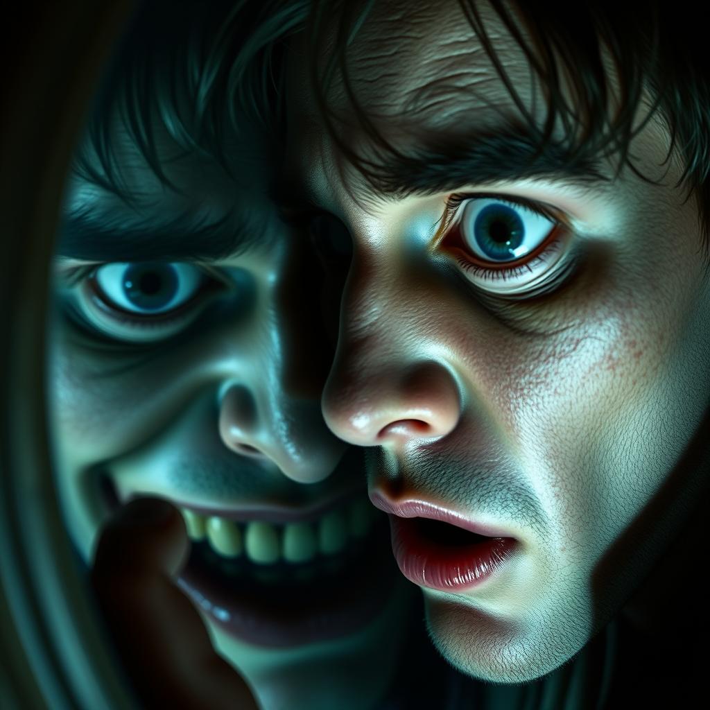 Close-up of the protagonist's face with wide open eyes showing fear, as he looks into a mirror