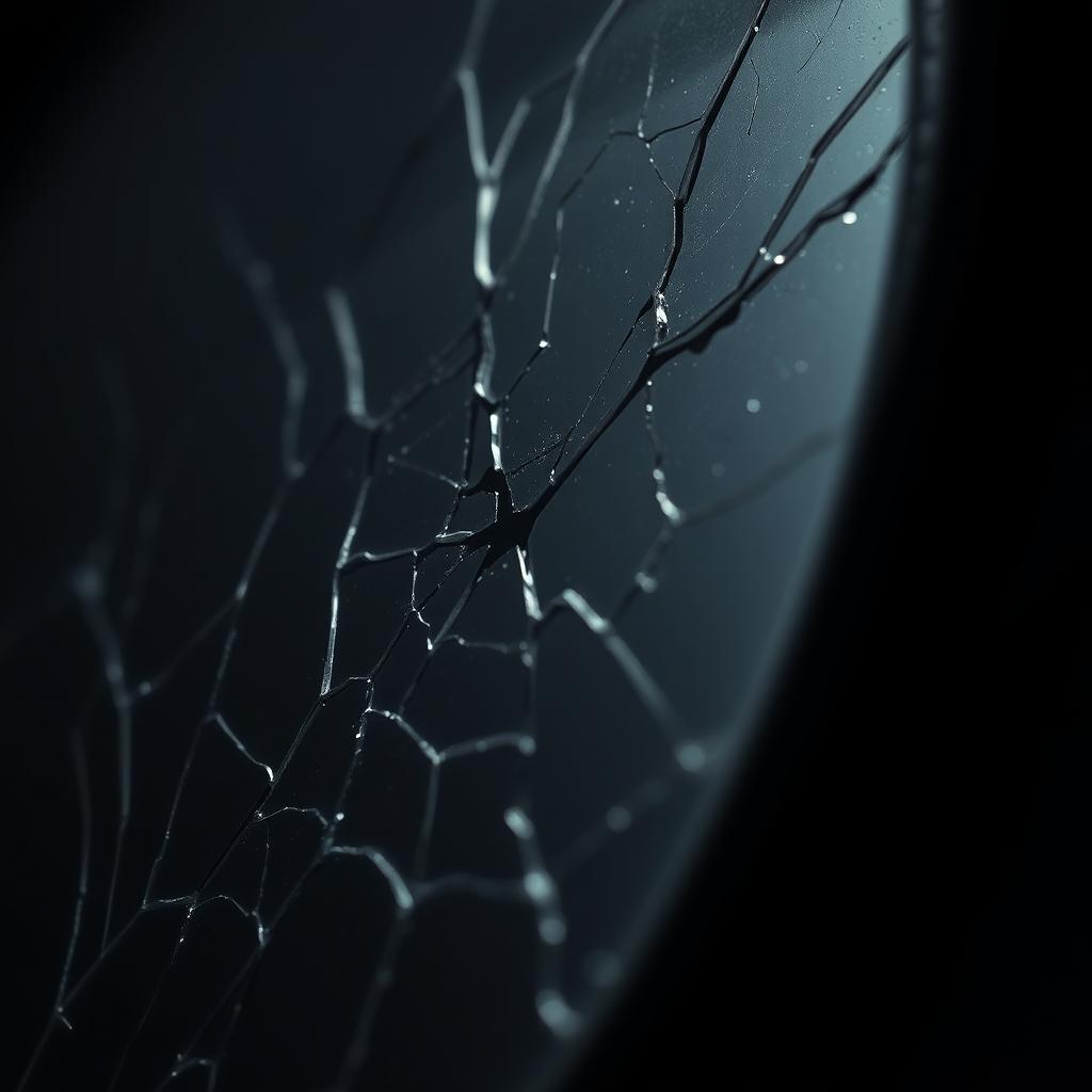 Close-up of a cracked mirror, with the cracks creating an unsettling pattern that suggests something is trying to break through