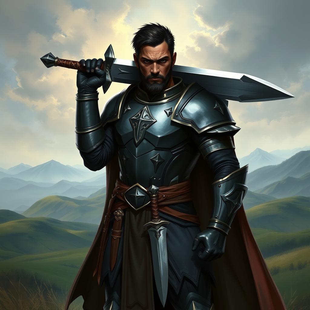 A dark-skinned paladin inspired by Dungeons & Dragons, standing confidently with a broad sword resting on his shoulders
