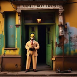 Homer Simpson in a crisp suit, standing outside an age-old, rundown pub. There's an African man jovially riding a scooter near him, adding a dynamic element to the scene.