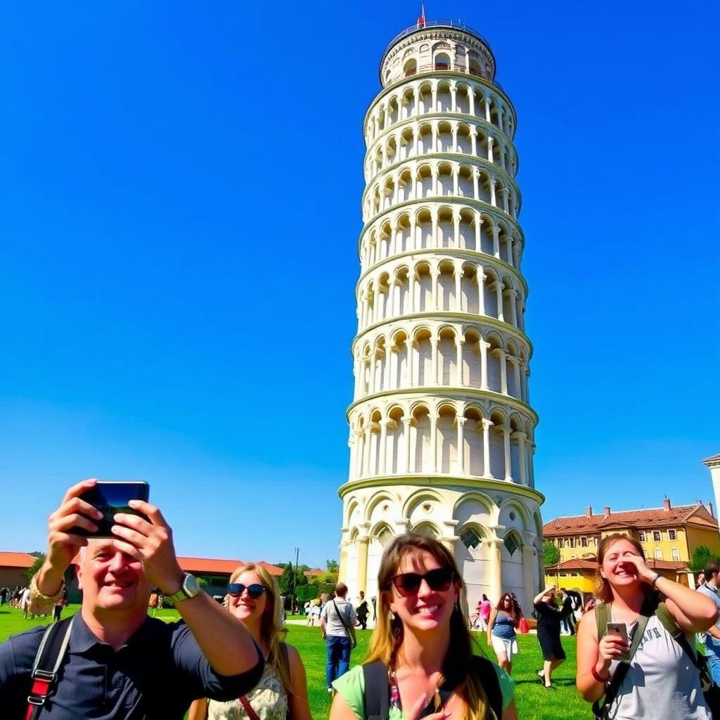 A breathtaking photograph of the Leaning Tower of Pisa, showcasing its iconic tilt