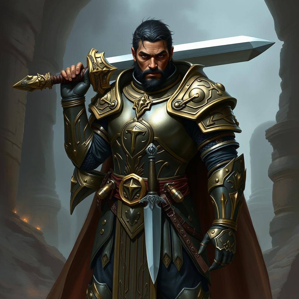 A powerful paladin inspired by D&D, featuring dark skin and wearing ornate armor that reflects their noble status
