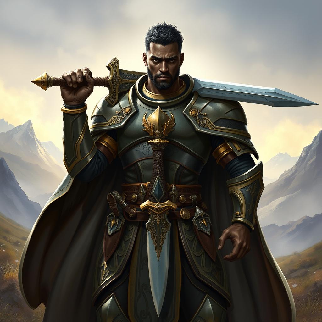 A strong and noble paladin inspired by Dungeons & Dragons, featuring dark skin