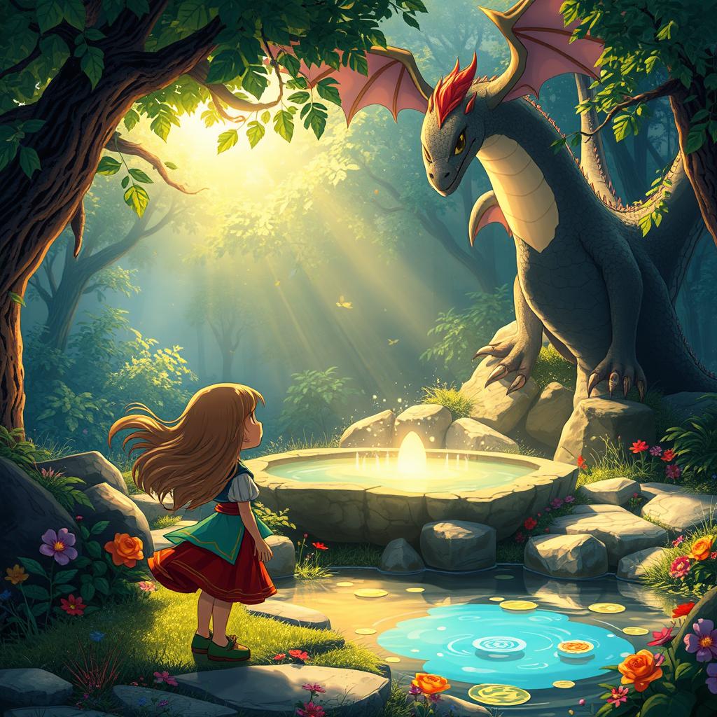 A vibrant and whimsical scene inspired by Studio Ghibli, featuring lush, enchanted forest surroundings with fantastical creatures reminiscent of Ghibli films
