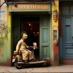 Homer Simpson in a crisp suit, standing outside an age-old, rundown pub. There's an African man jovially riding a scooter near him, adding a dynamic element to the scene.