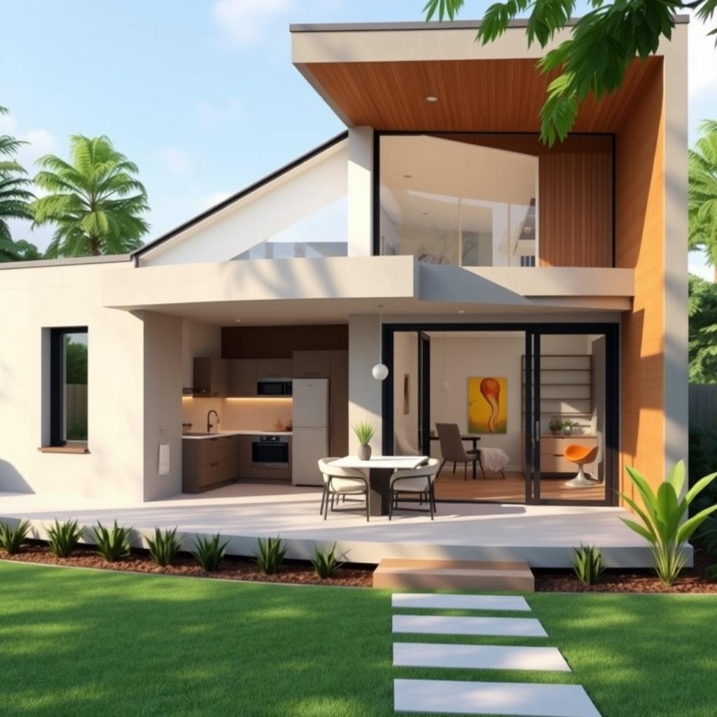 A modern house designed in a Sims mobile style, featuring clean lines and an open floor plan