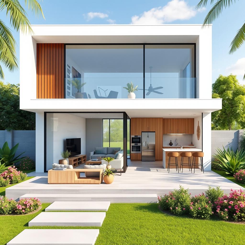 A sleek, modern house designed for Sims Mobile, showcasing clean lines, large glass windows, and a minimalist aesthetic