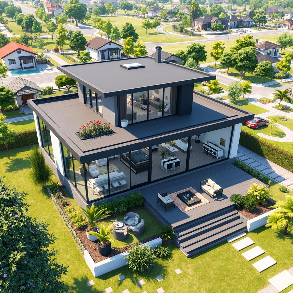 A beautifully designed modern house situated in a vibrant and interactive Sims Mobile map setting