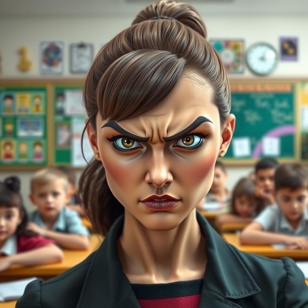 A school scene featuring a strong, determined female teacher named Shoxik Baghdinski, who has a short brown ponytail and prominent high arched brows with a distinct wrinkle in the center of her unibrow, conveying an expression of anger