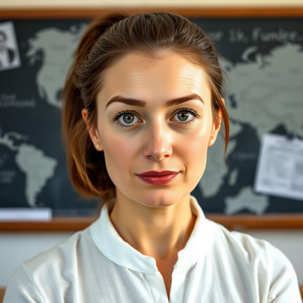 A history woman teacher, named Shoxik Baghdinski, stands confidently in a classroom setting