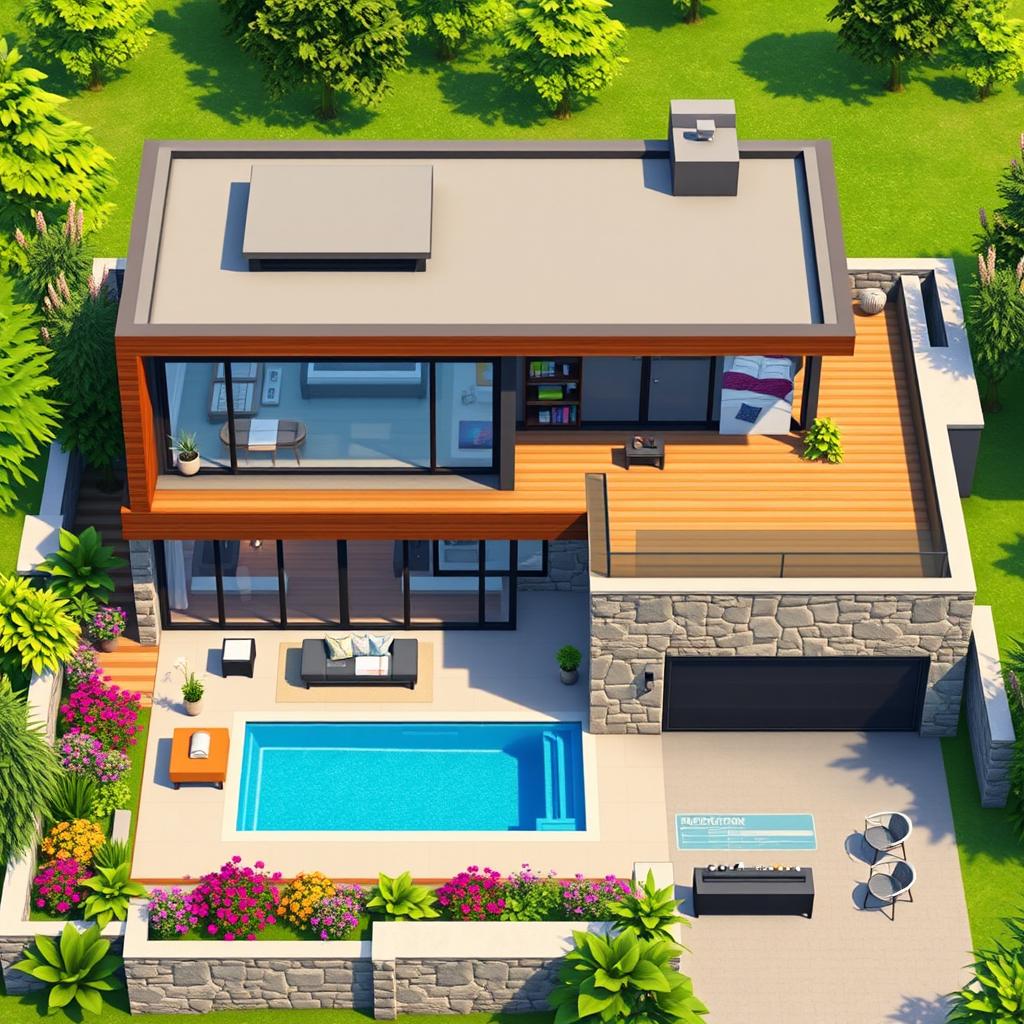 A stunning modern house designed for the Sims Mobile game, showcasing a sleek and minimalist architectural style