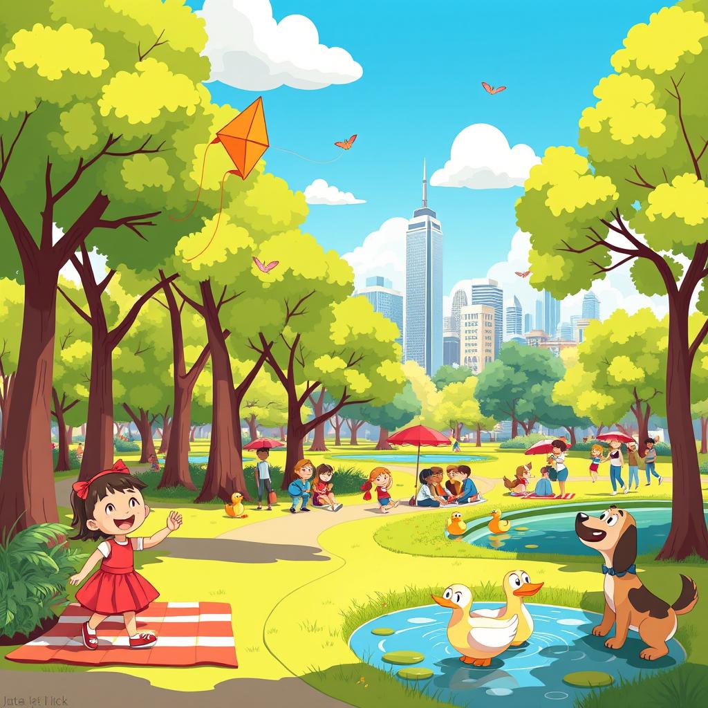 A vibrant and colorful cartoon scene featuring a bustling city park during a sunny day
