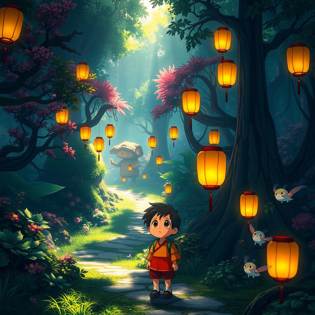 A breathtaking scene inspired by Studio Ghibli, depicting a lush, vibrant forest filled with whimsical creatures and enchanting flora