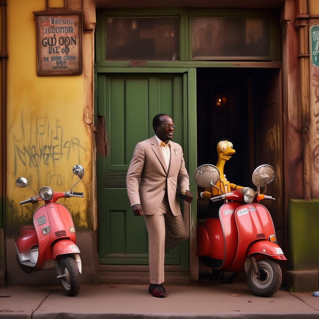 Homer Simpson in a crisp suit, standing outside an age-old, rundown pub. There's an African man jovially riding a scooter near him, adding a dynamic element to the scene.