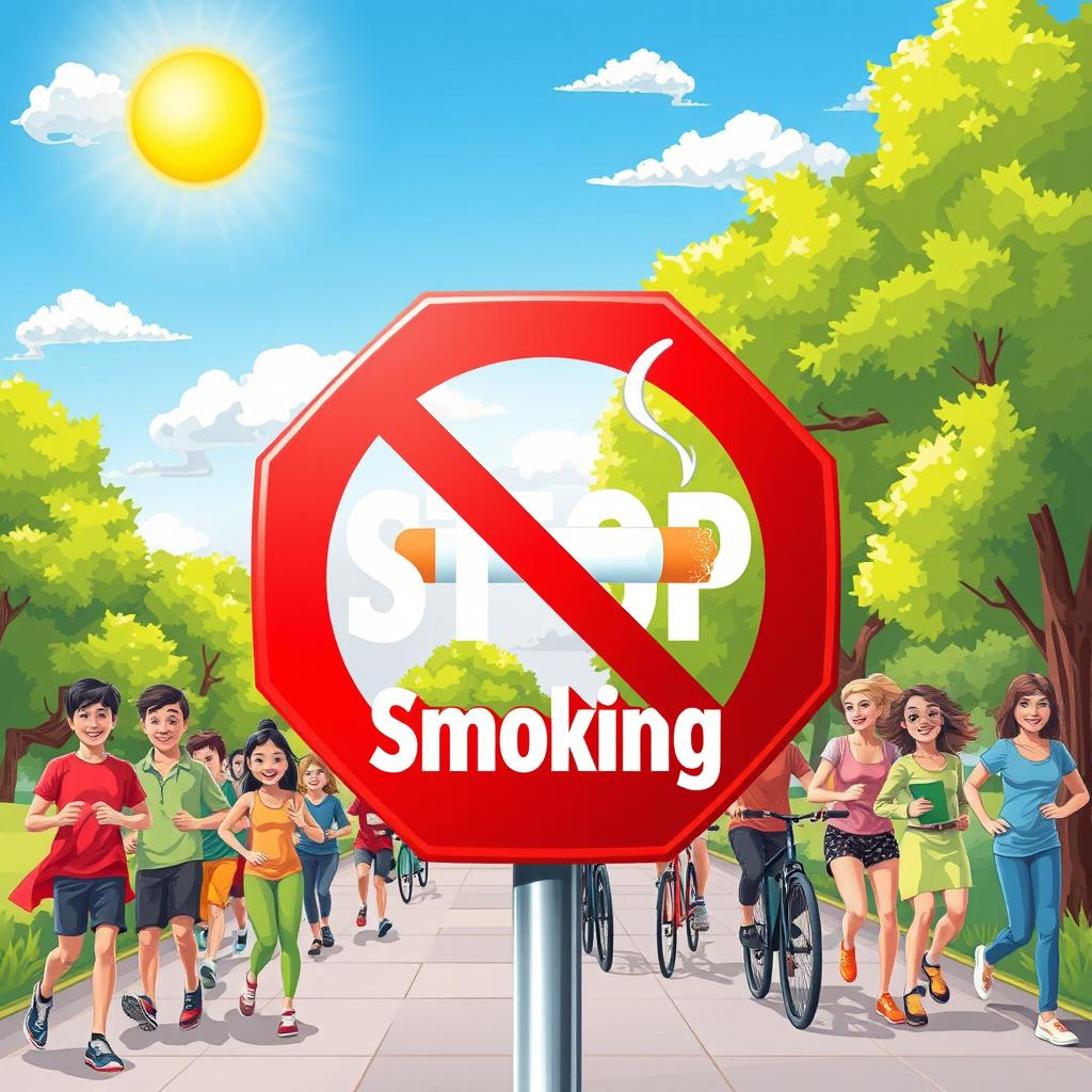 An artistic illustration promoting anti-smoking awareness, featuring a vibrant and colorful scene