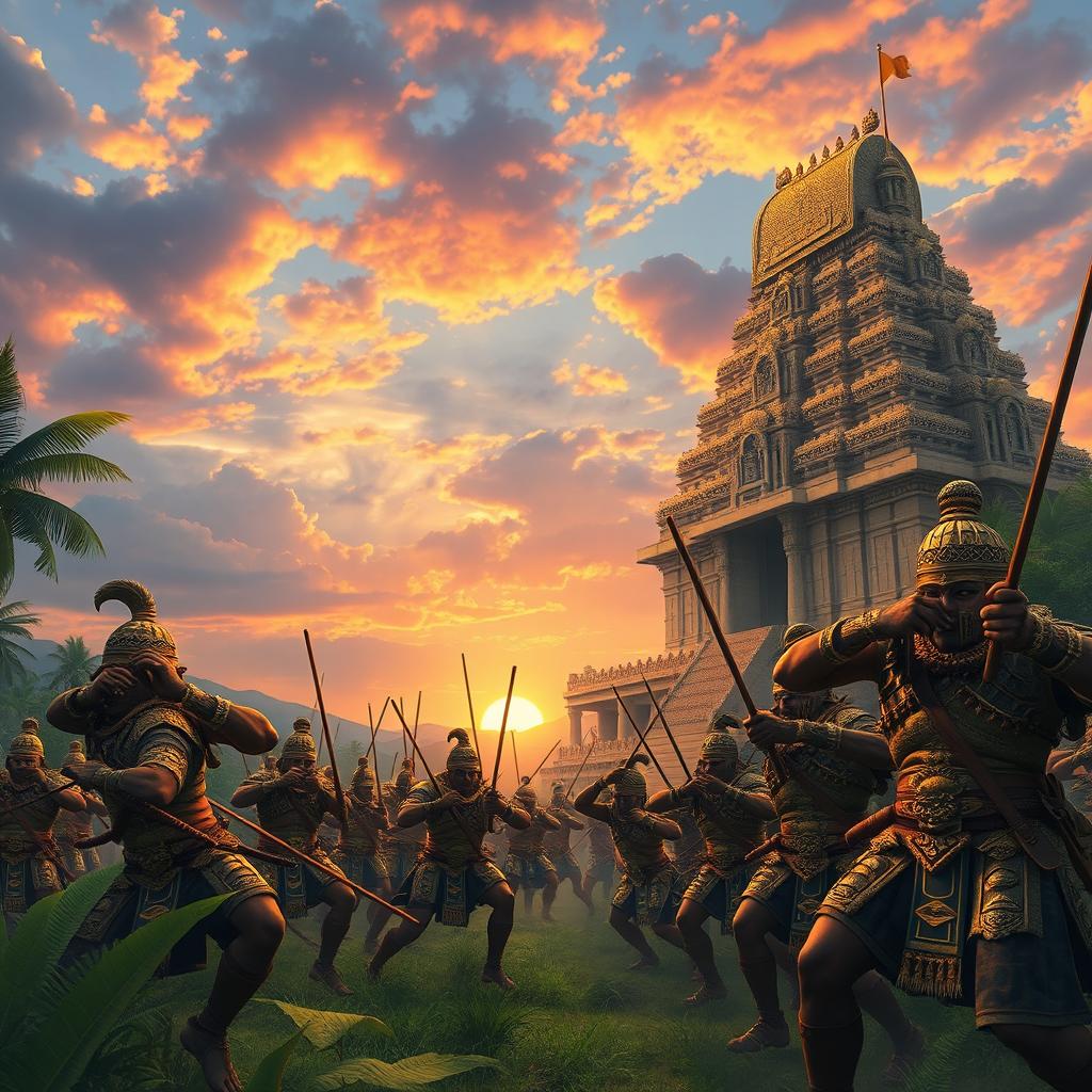 A breathtaking scene depicting the grandeur of the Chola Empire during its height, showcasing a fierce battle scene set in a lush tropical landscape