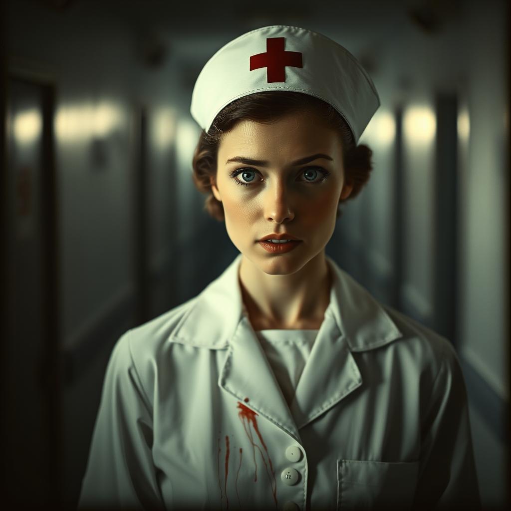A 1950s vintage photograph of a nurse in an old hospital, looking straight ahead with a slightly scary gaze
