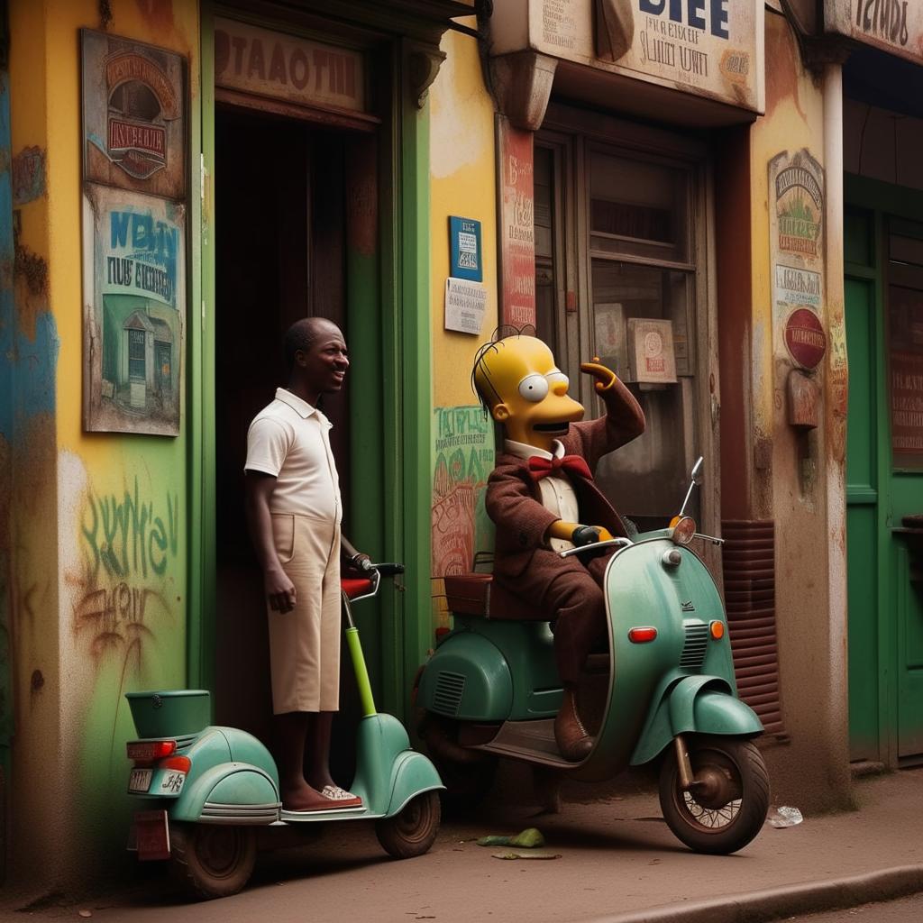 Homer Simpson in a crisp suit, standing outside an age-old, rundown pub. There's an African man jovially riding a scooter near him, adding a dynamic element to the scene.