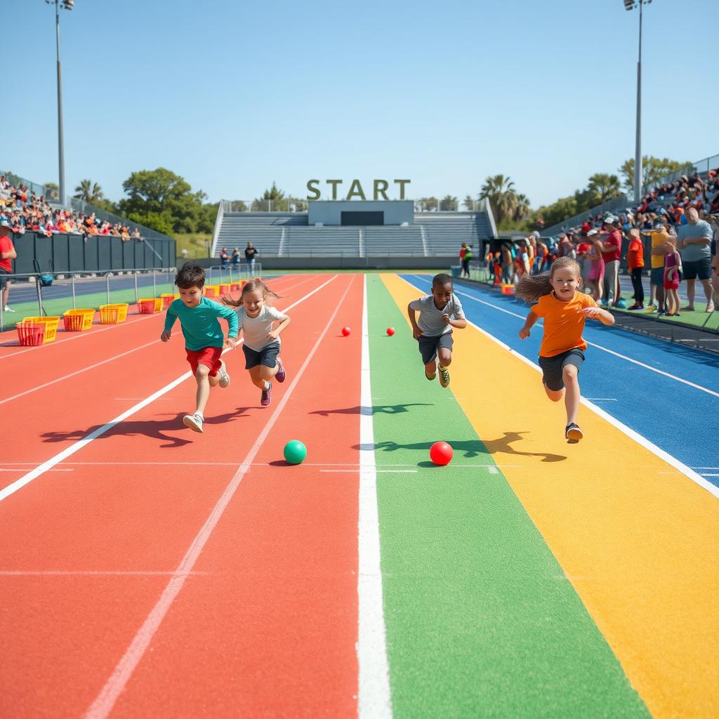 A vibrant and dynamic track and field scene depicting four children racing on a well-maintained athletic track