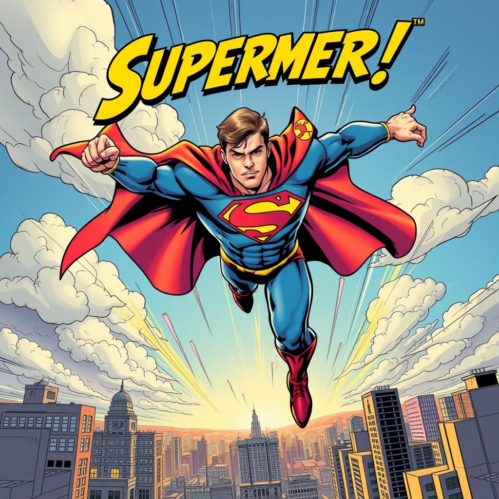 A dynamic comic book cover featuring a superhero in mid-action pose, showcasing their vibrant costume with an emblem on the chest