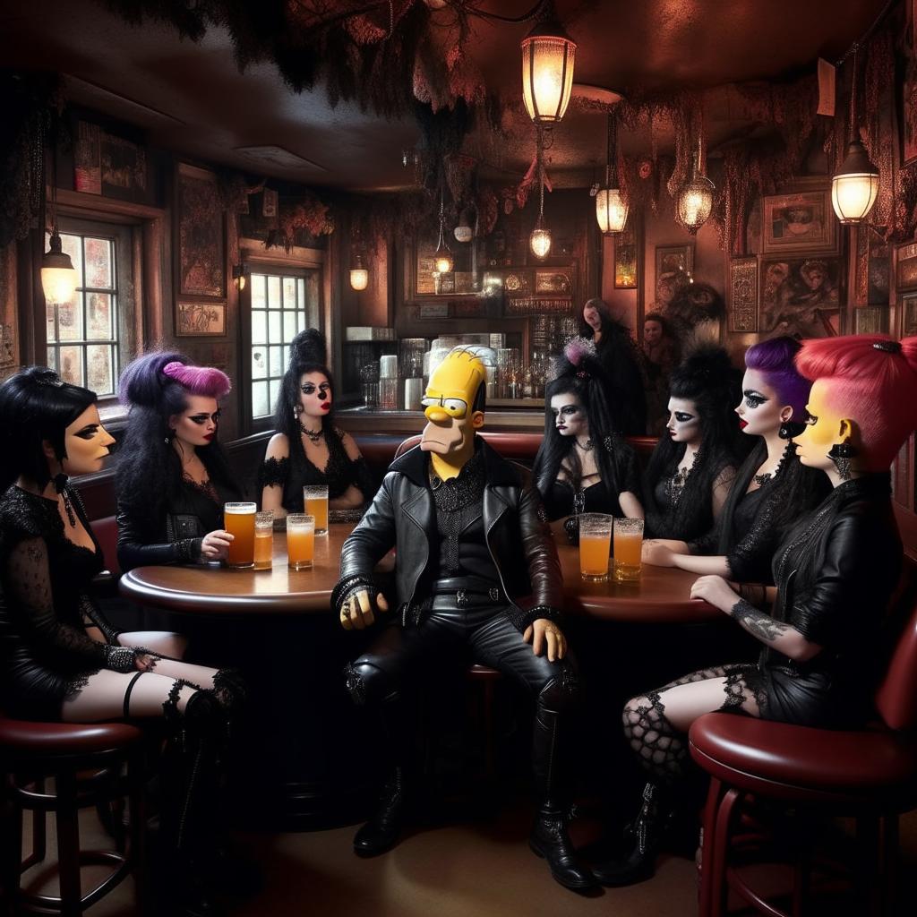 Homer Simpson inside a cozy pub, surrounded by Goth and Emo women dressed in black, lace, and leather, with striking dyed hair and elaborated makeup. He exudes an awkward charm in this unusual setting.