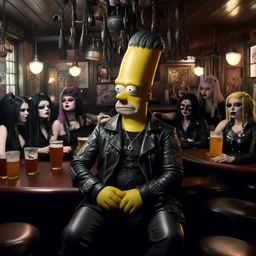 Homer Simpson inside a cozy pub, surrounded by Goth and Emo women dressed in black, lace, and leather, with striking dyed hair and elaborated makeup. He exudes an awkward charm in this unusual setting.