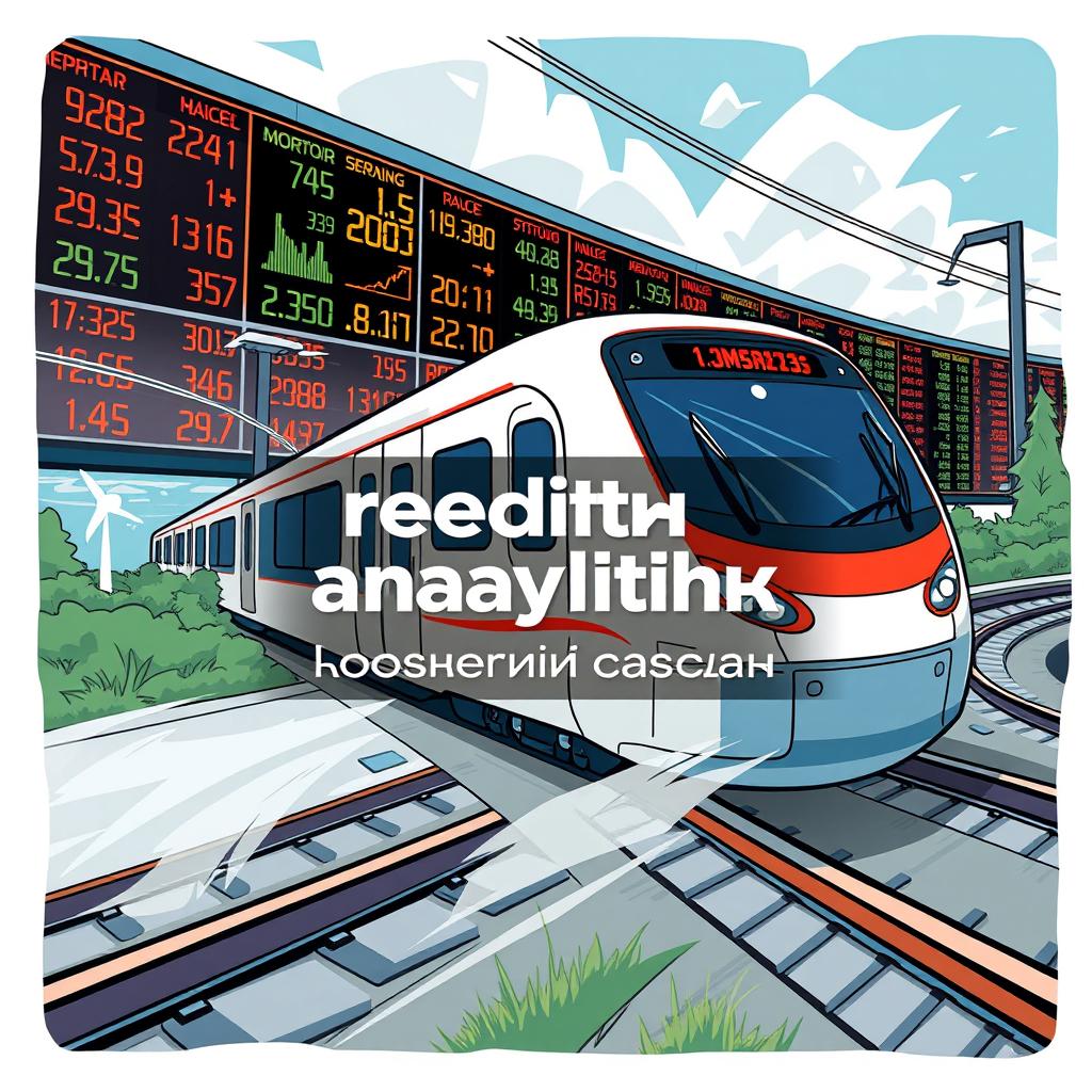 A dynamic and visually engaging illustration featuring a high-speed train speeding through a modern landscape, symbolizing progress and efficiency
