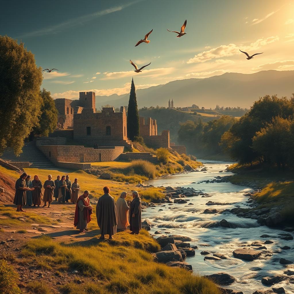 A visually striking image capturing the essence of biblical photography, depicting a serene landscape with ancient ruins, soft golden sunlight filtering through lush trees, a flowing river in the foreground, and a distant mountain range