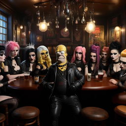 Homer Simpson inside a cozy pub, surrounded by Goth and Emo women dressed in black, lace, and leather, with striking dyed hair and elaborated makeup. He exudes an awkward charm in this unusual setting.