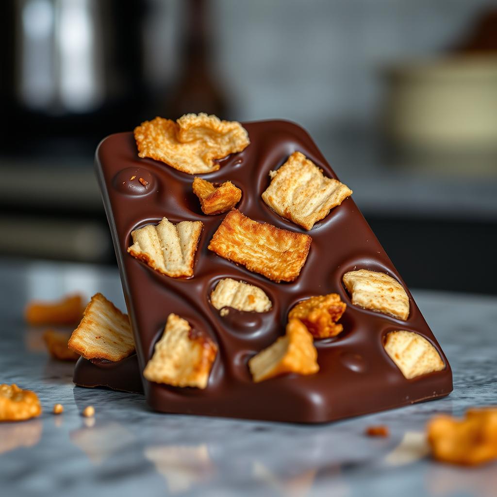 A realistic, professional image of a chocolate tablet featuring crispy pork cracklings (torresmos) embedded within