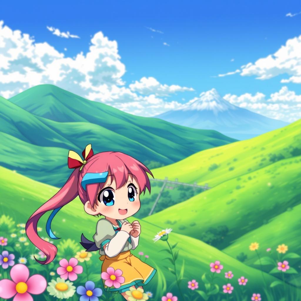 A vibrant anime-style illustration of a scene featuring a stunning landscape with lush green hills and a clear blue sky