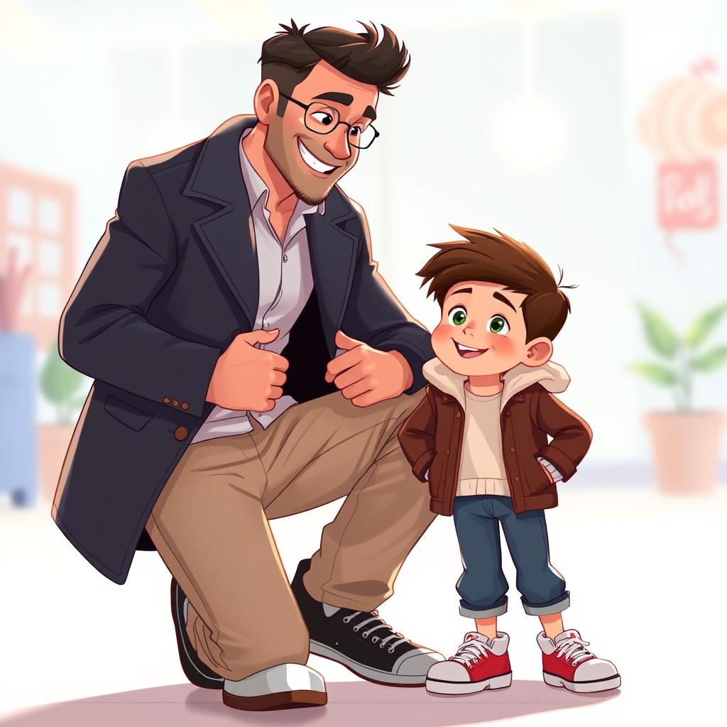 A heartfelt Disney-Pixar style illustration featuring a 40-year-old father kneeling beside his 10-year-old son