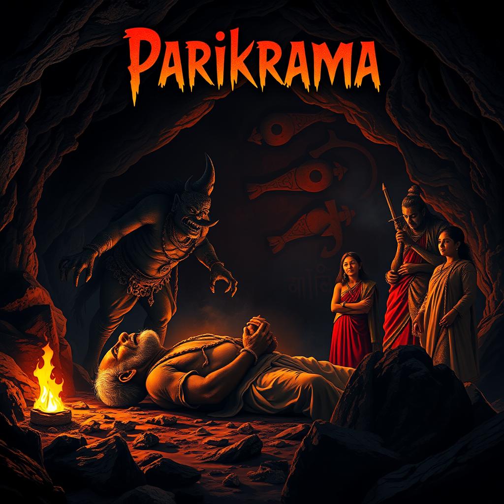 A dark cave illuminated by eerie, glowing light, featuring an imposing Asura standing tall with his mouth open wide, drawing the soul from an old man whose lifeless body crumples to the ground