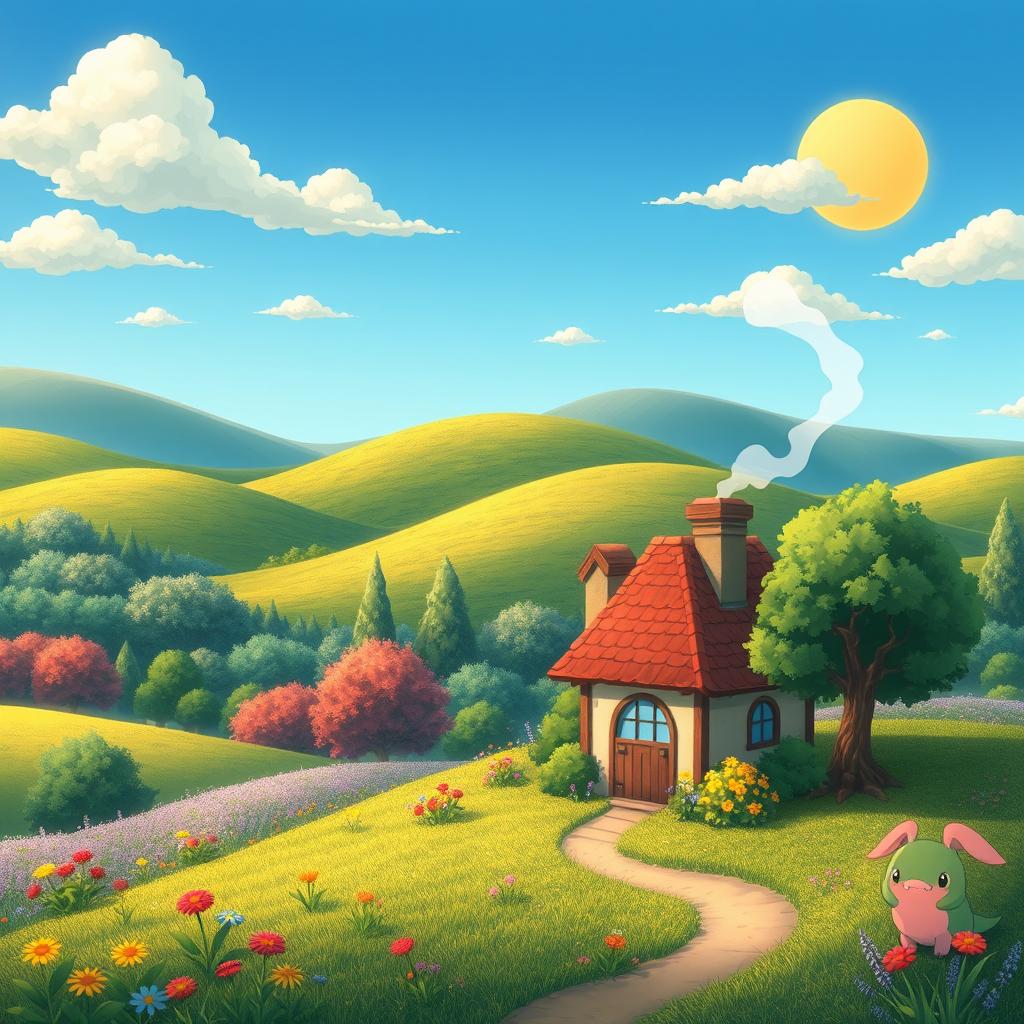 A beautifully illustrated scene inspired by Studio Ghibli, featuring a serene landscape with rolling hills and a lush, vibrant forest